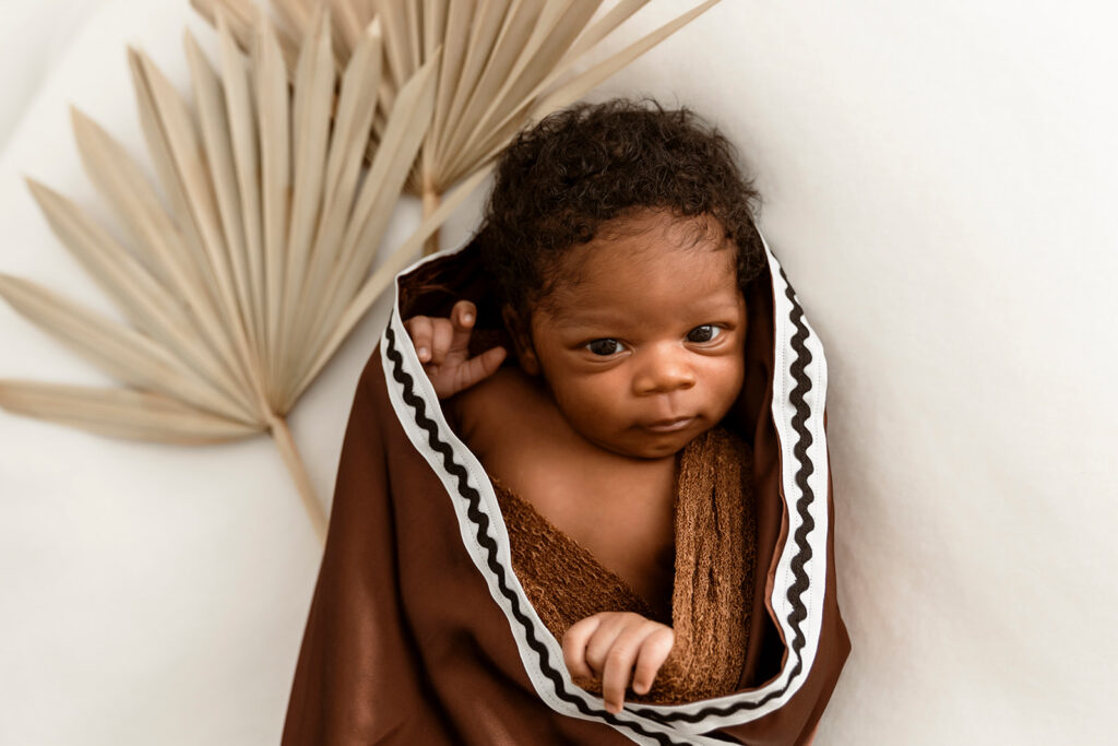 Baby laying in cultural wrap with a cultural plant behind him.